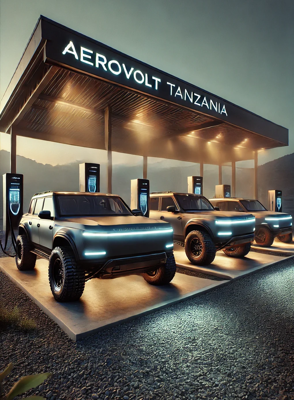 DALL·E 2025-01-27 22.02.19 - A high-definition, ultra-realistic photograph of modern off-road SUVs parked at a state-of-the-art charging station under cinematic lighting. The SUVs